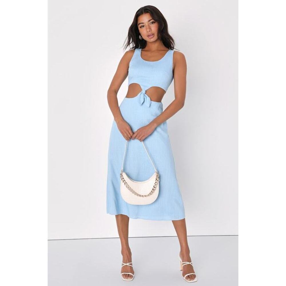 Lulus Stun All Summer Light Blue Linen Cutout Tie-front Midi Dress - Size XL